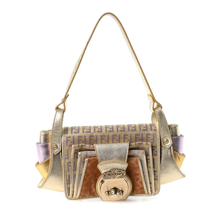 Fendi Metallic Calfskin Jacquard Zucchino Leopard Print Compilation Hobo Gold Multicolor 1 of 12