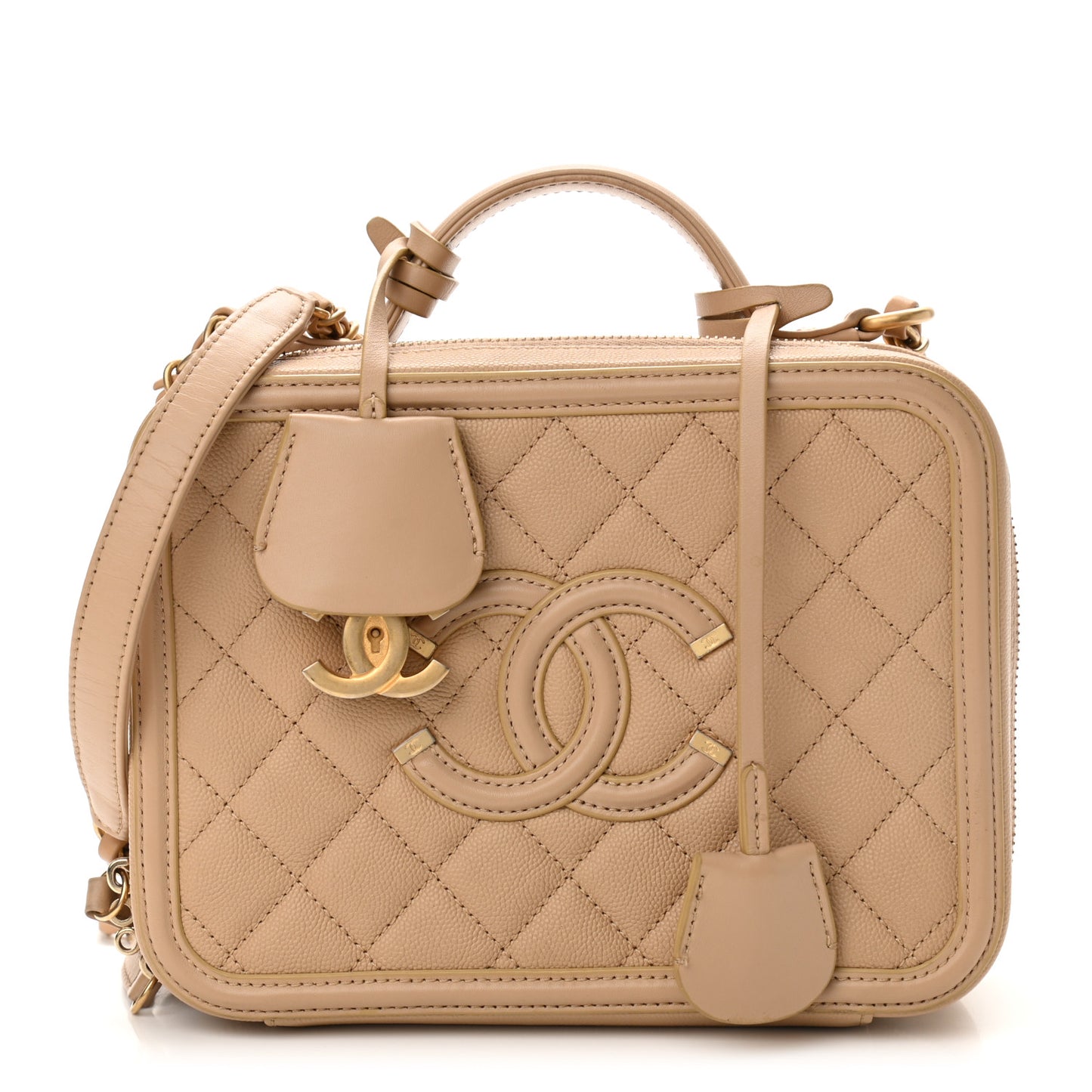 Caviar Quilted Medium CC Filigree Vanity Case Beige