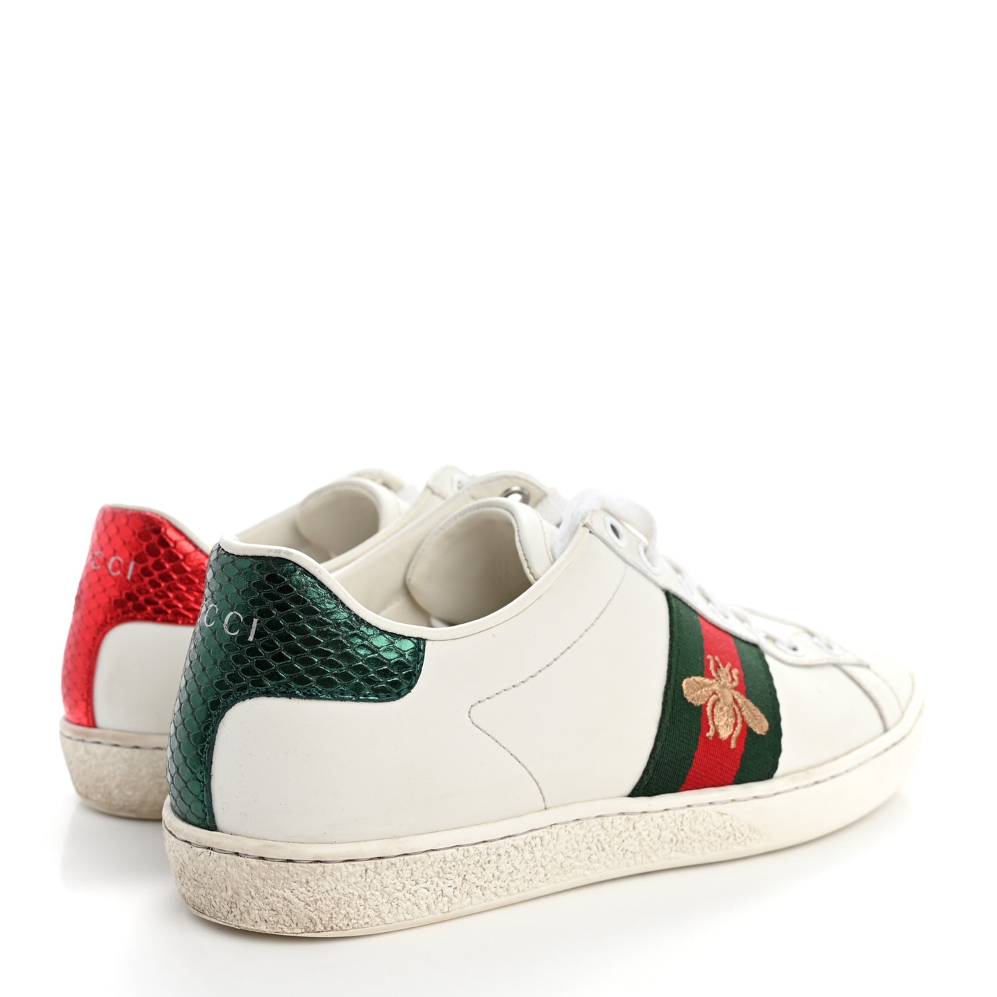 Calfskin Ayers Bee Embroidered Womens Ace Sneakers 36 White Green