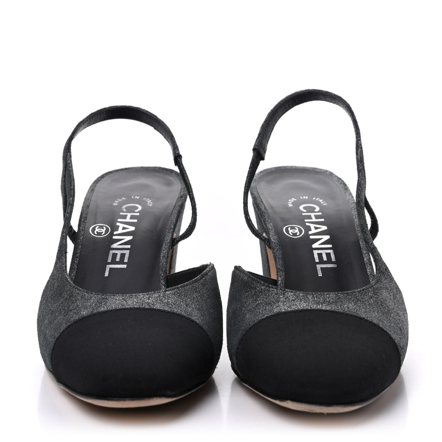 Lambskin Grosgrain Cap Toe CC Slingback Sandals 35.5 Black Silver
