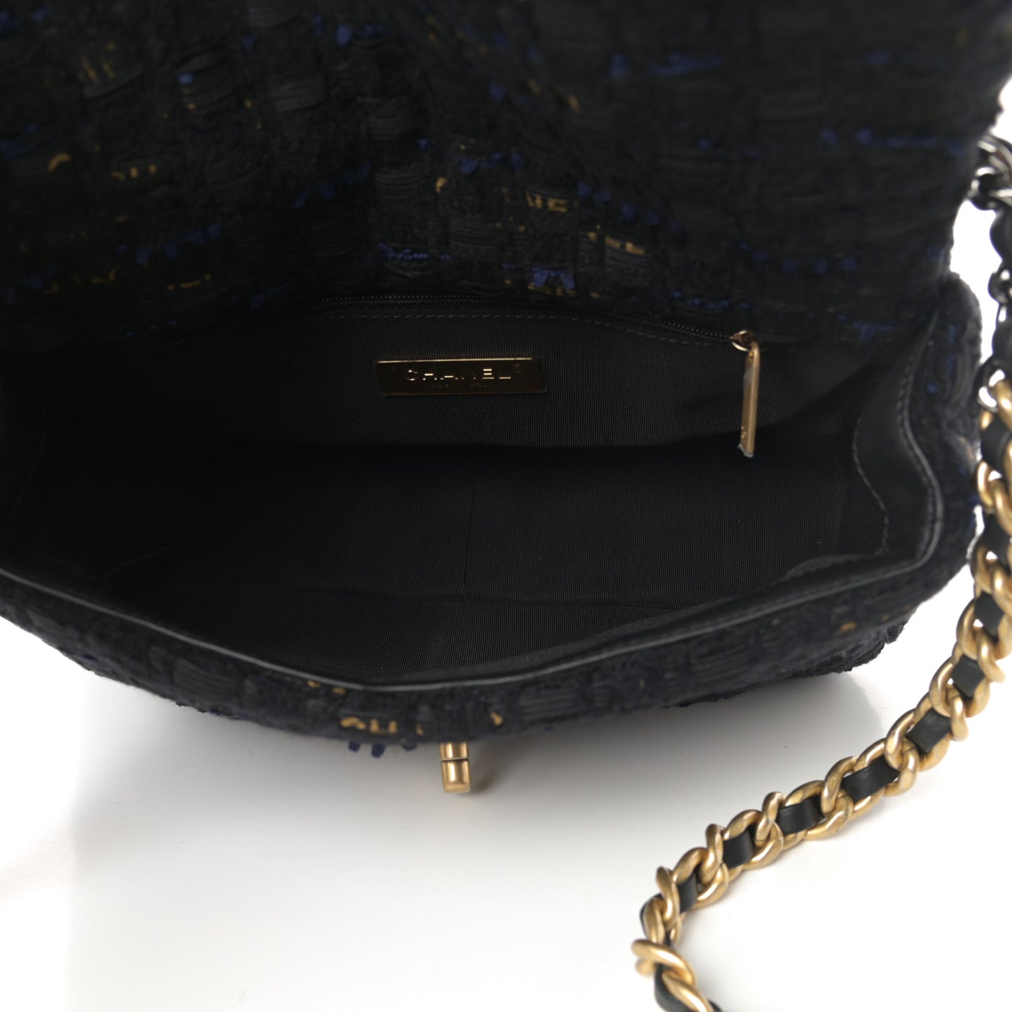 Tweed Quilted Medium Chanel 19 Flap Black Navy Gold