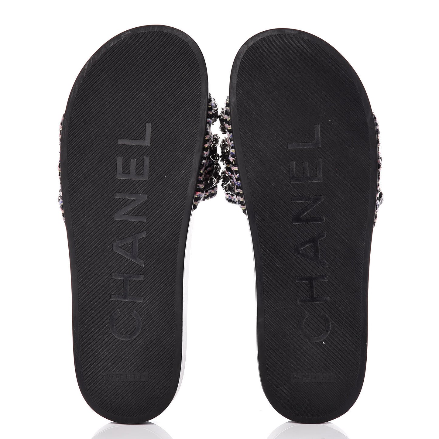 Tweed Lambskin Chain Flat Sandals 41 Black Multicolor