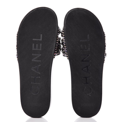 Chanel Tweed Lambskin Chain Flat Sandals 41 Black Multicolor 5 of 9