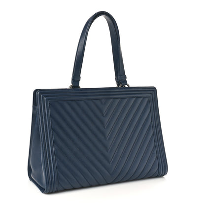 Chanel Calfskin Chevron Boy Shopping Tote Navy Blue 3 of 9