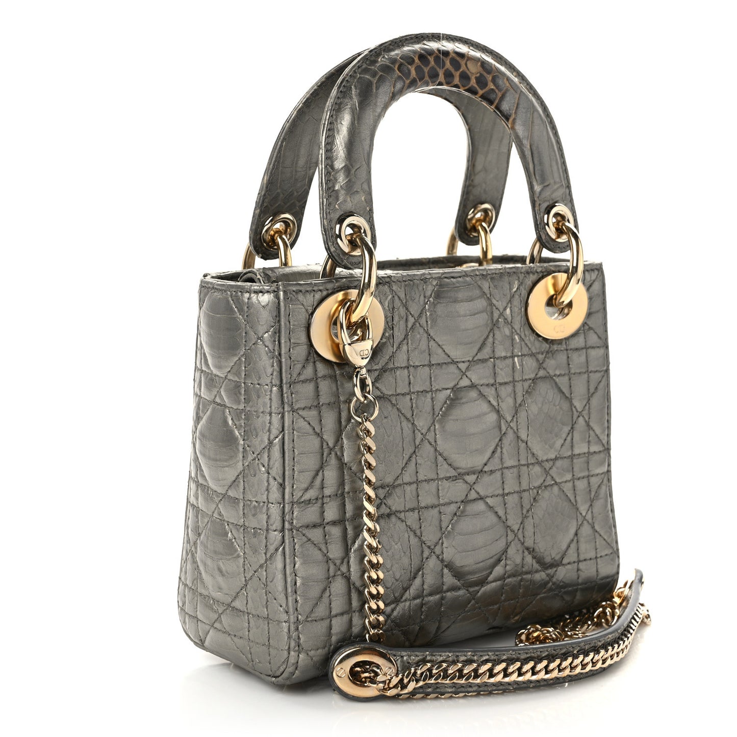 Metallic Snakeskin Cannage Mini Lady Dior Silver