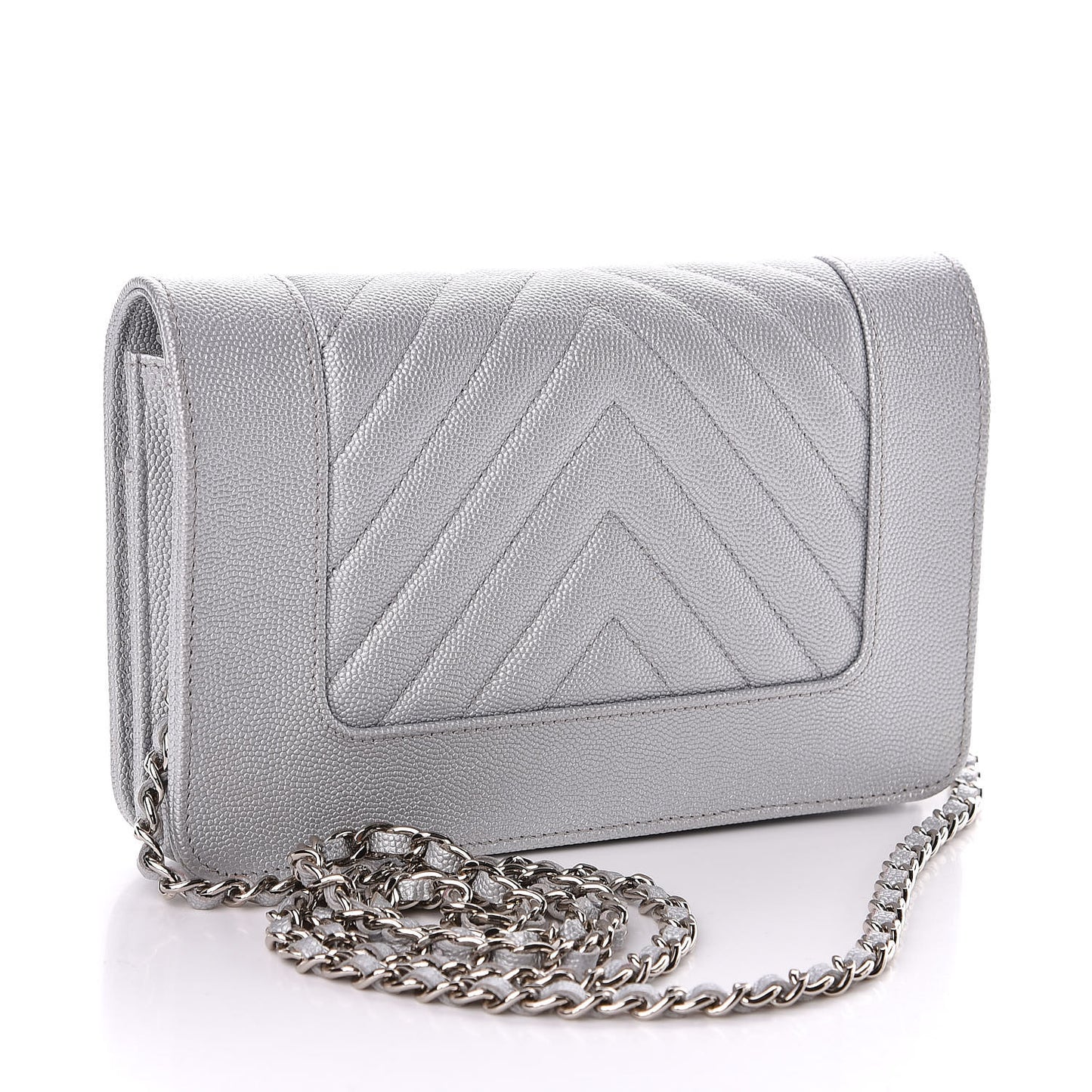 Metallic Caviar Chevron Quilted Vintage Mademoiselle Wallet On Chain WOC Silver