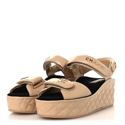 Chanel Shiny Calfskin Logo Platform Sandals 40 Beige 4 of 14