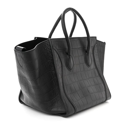 Celine Crocodile Embossed Calfskin Medium Phantom Luggage Black 3 of 13