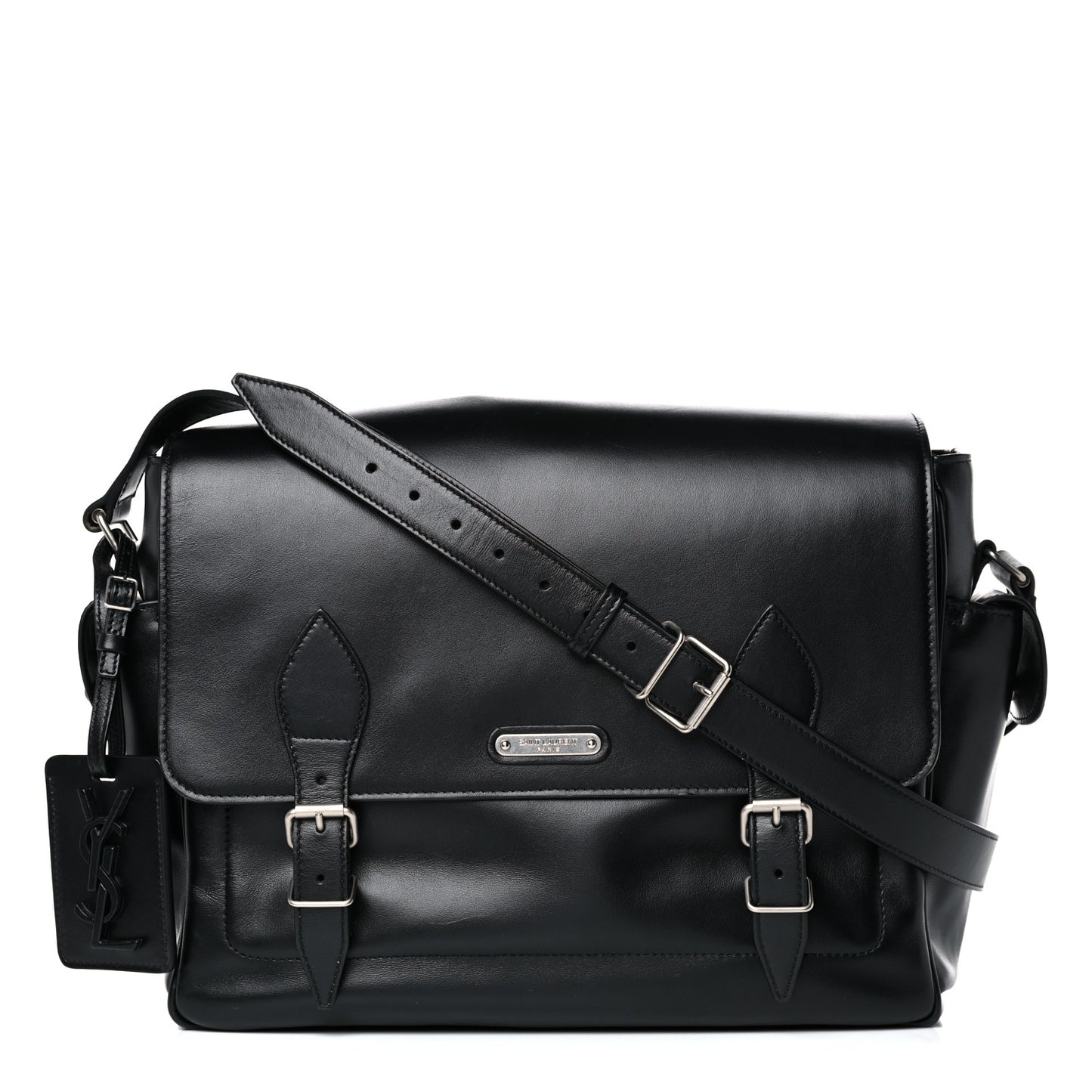 Calfskin Flap Front Messenger Bag Black