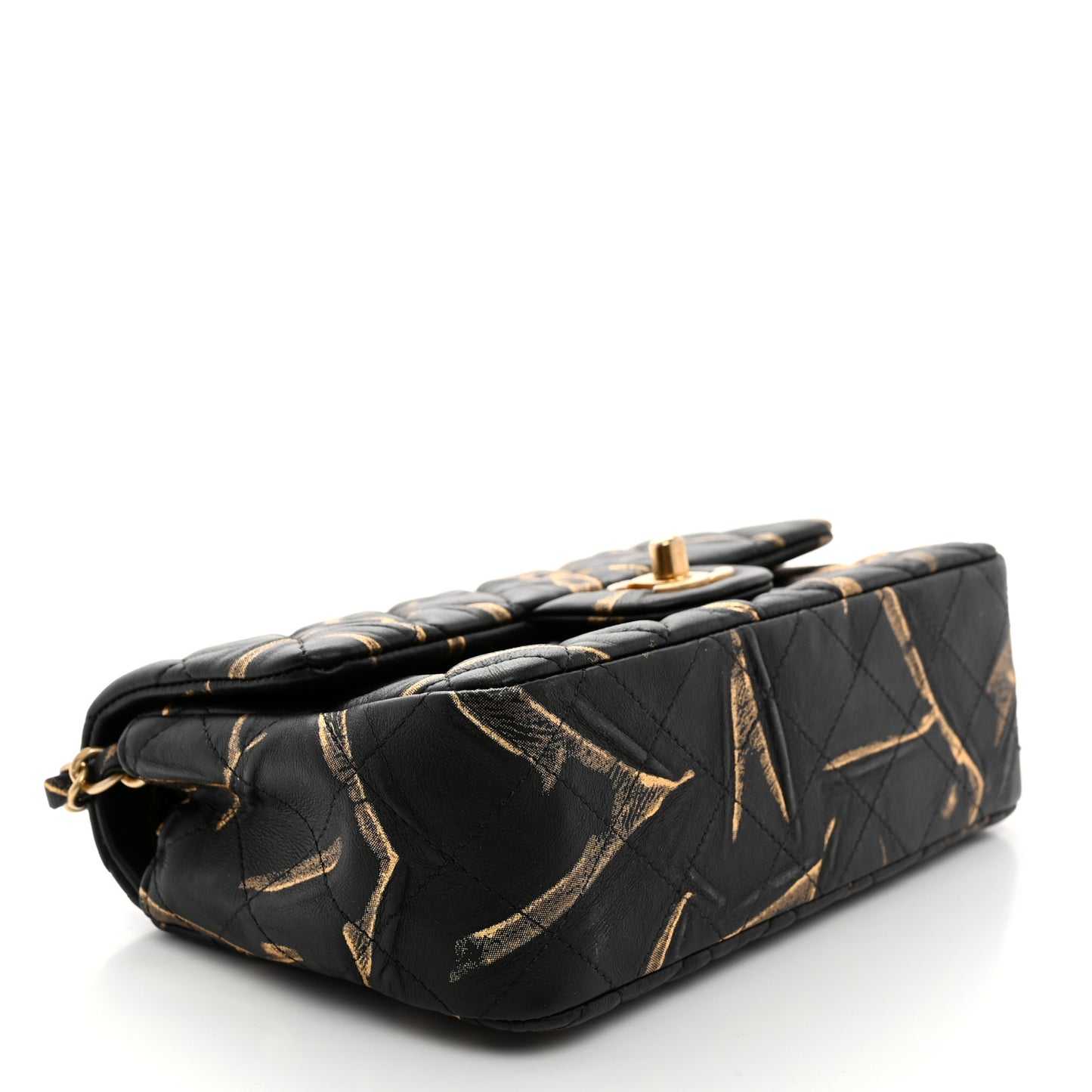 Crumpled Calfskin Printed Quilted Mini Rectangular Flap Black Gold
