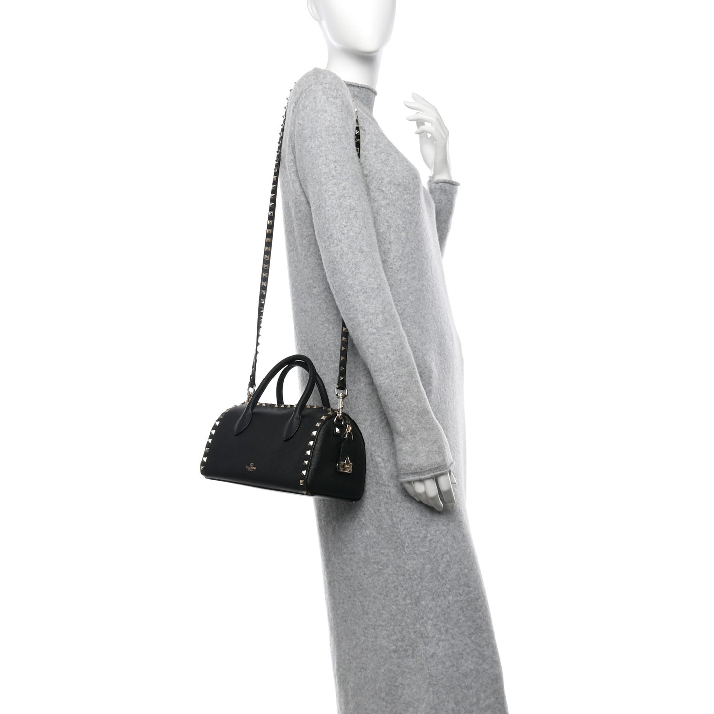 Pebbled Calfskin Rockstud Bowling Bag Black