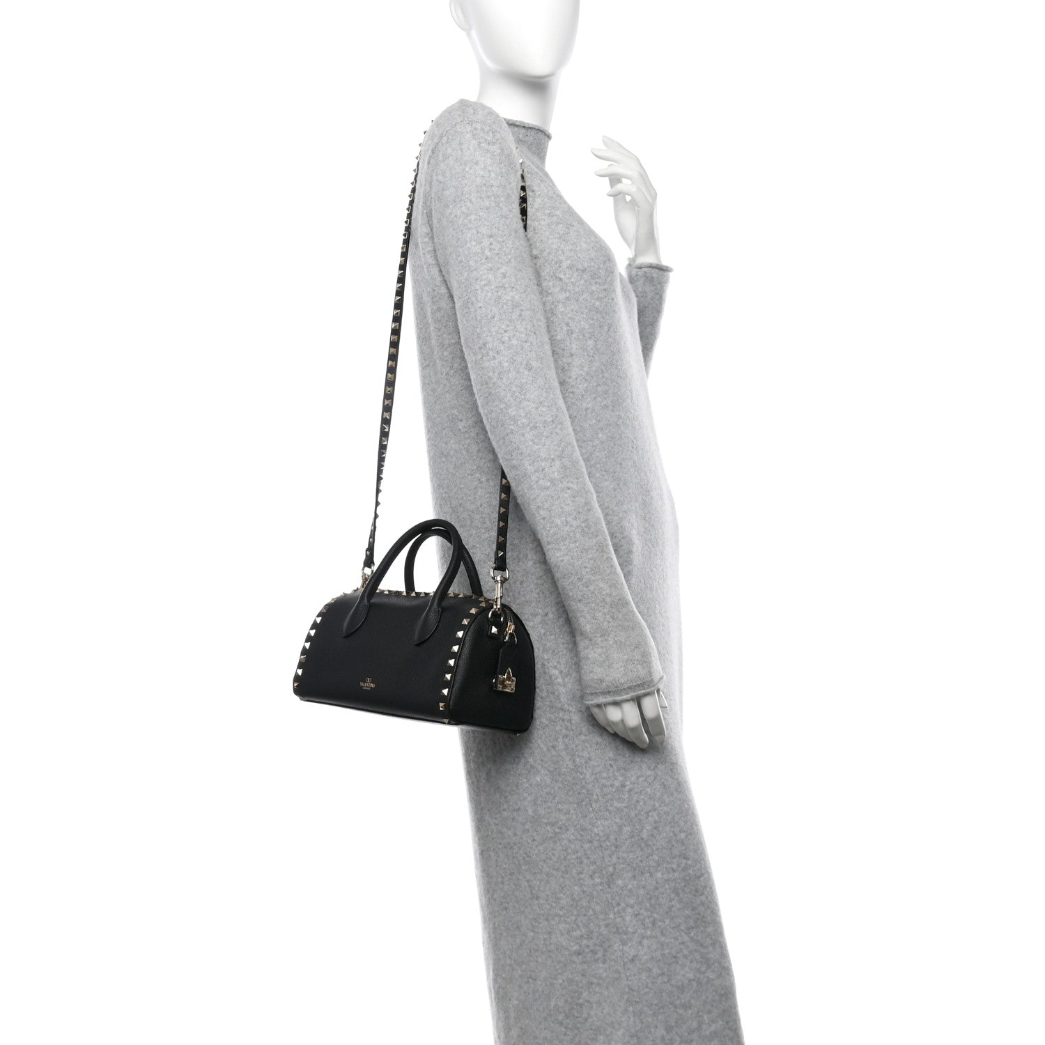 Valentino Garavani Pebbled Calfskin Rockstud Bowling Bag Black 2 of 10