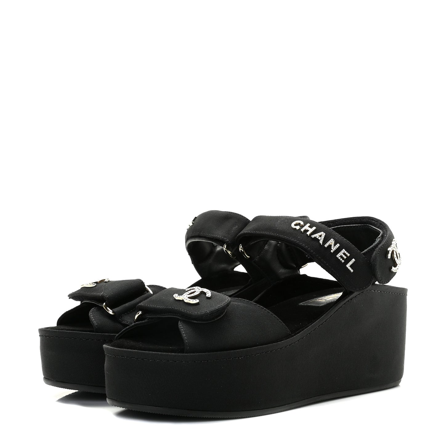 Grosgrain Crystal Logo Platform Sandals 36 Black