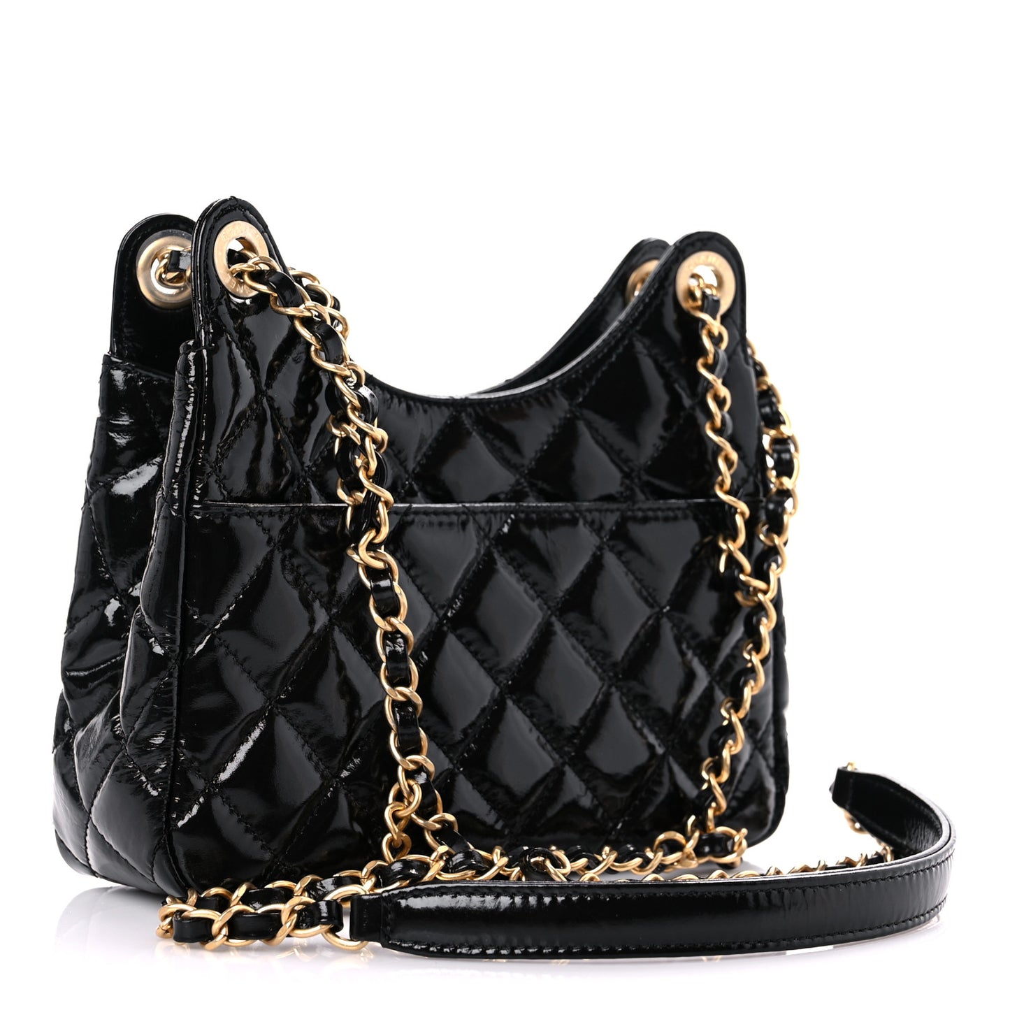 Shiny Crumpled Calfskin Quilted Small Wavy CC Hobo Black