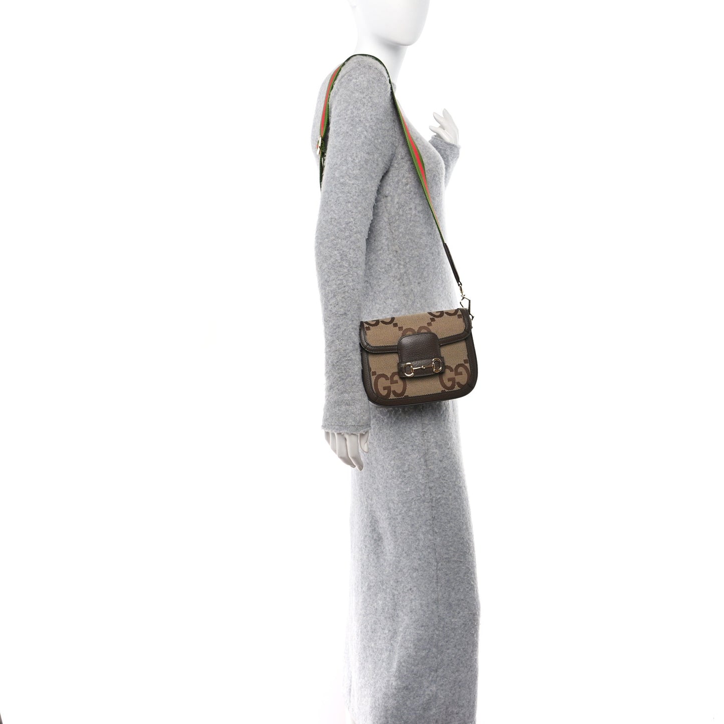 Monogram Jumbo GG Textured Dollar Calfskin Web Mini Horsebit 1955 Shoulder Bag Camel Ebony New Acero