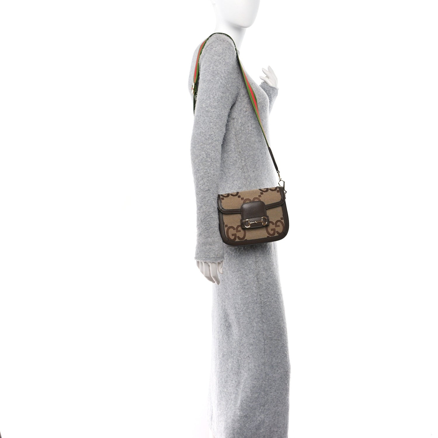 Gucci Monogram Jumbo GG Textured Dollar Calfskin Web Mini Horsebit 1955 Shoulder Bag Camel Ebony New Acero 2 of 11