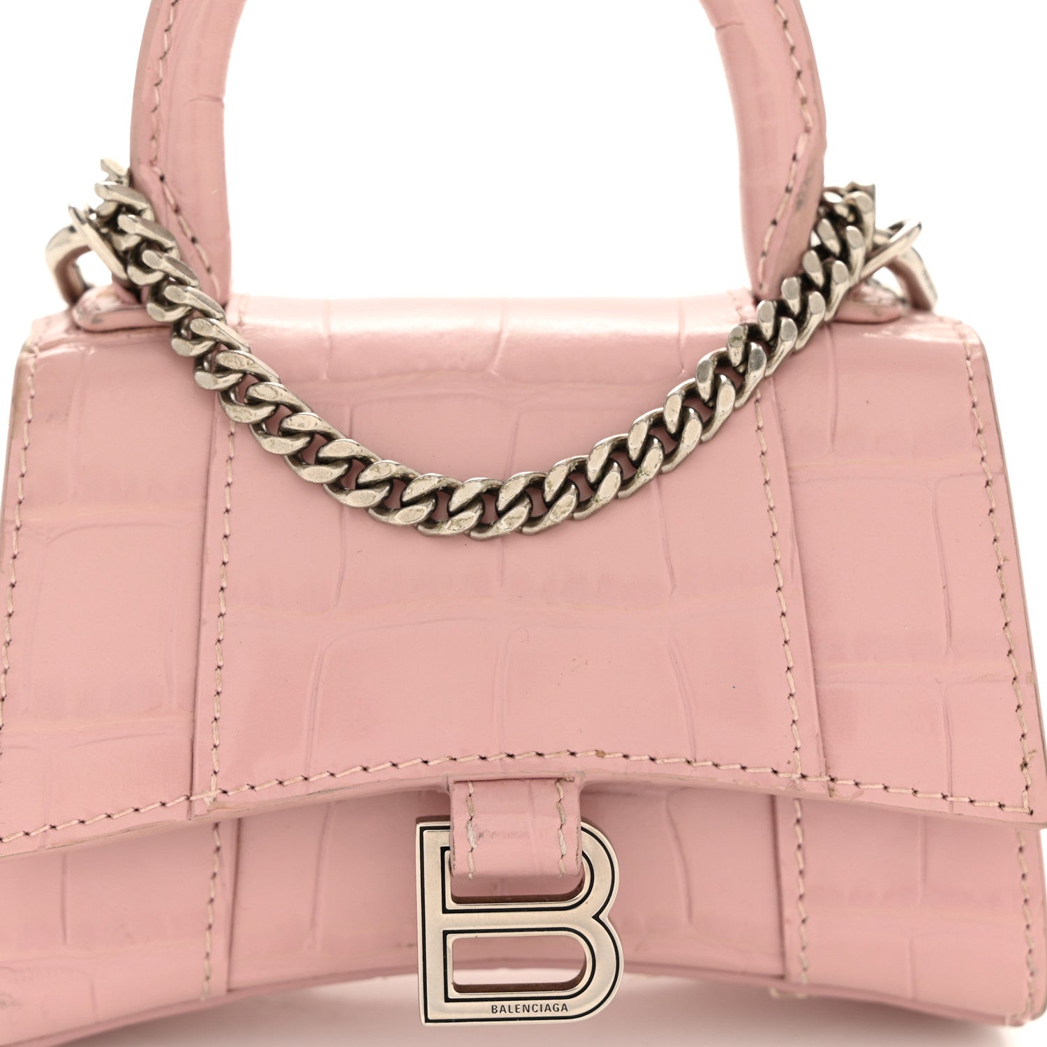 Balenciaga Shiny Calfskin Crocodile Embossed Hourglass Top Handle Bag Mini with Chain Powder Pink 8 of 11