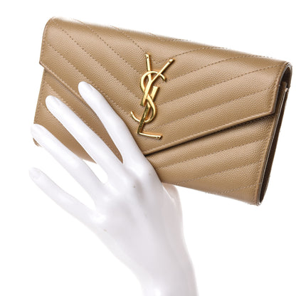 Saint Laurent Grain De Poudre Matelasse Chevron Monogram Flap Wallet Dark Beige 2 of 8