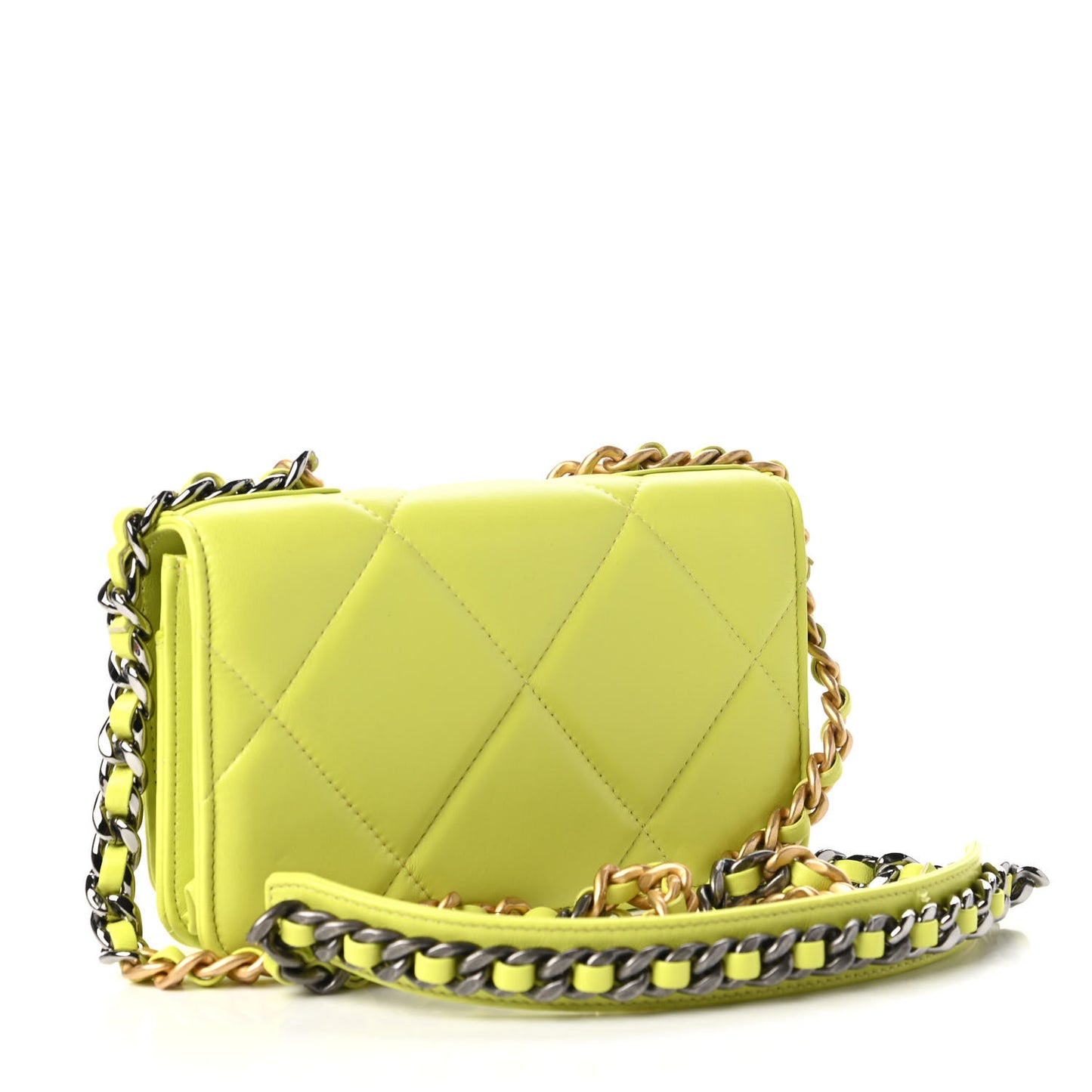 Shiny Lambskin Quilted Chanel 19 Wallet On Chain WOC Neon Yellow