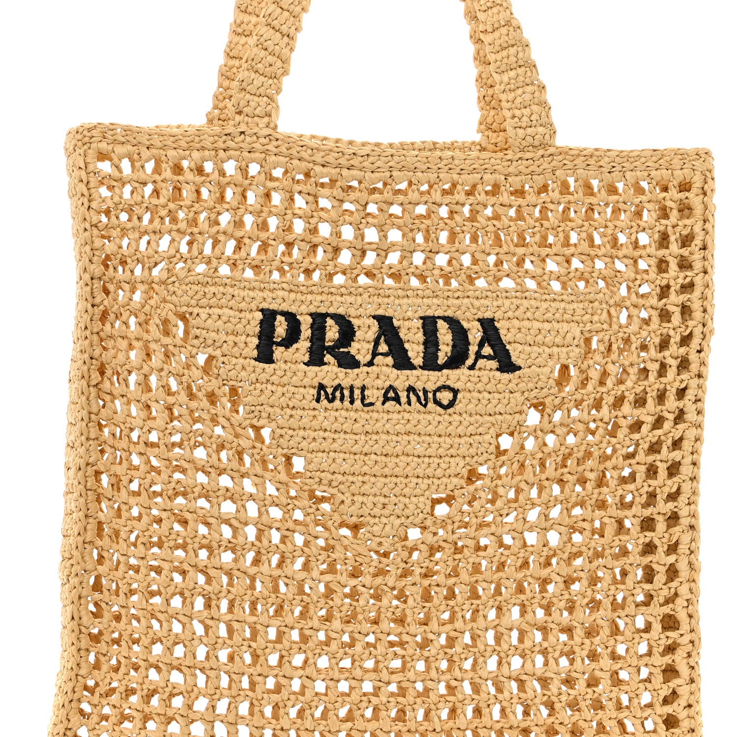 Prada Yarn Raffia Effect Crochet Logo Embroidered Tote Bag Naturale 7 of 9
