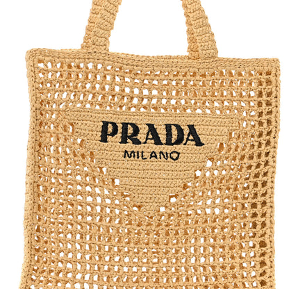 Prada Yarn Raffia Effect Crochet Logo Embroidered Tote Bag Naturale 7 of 9