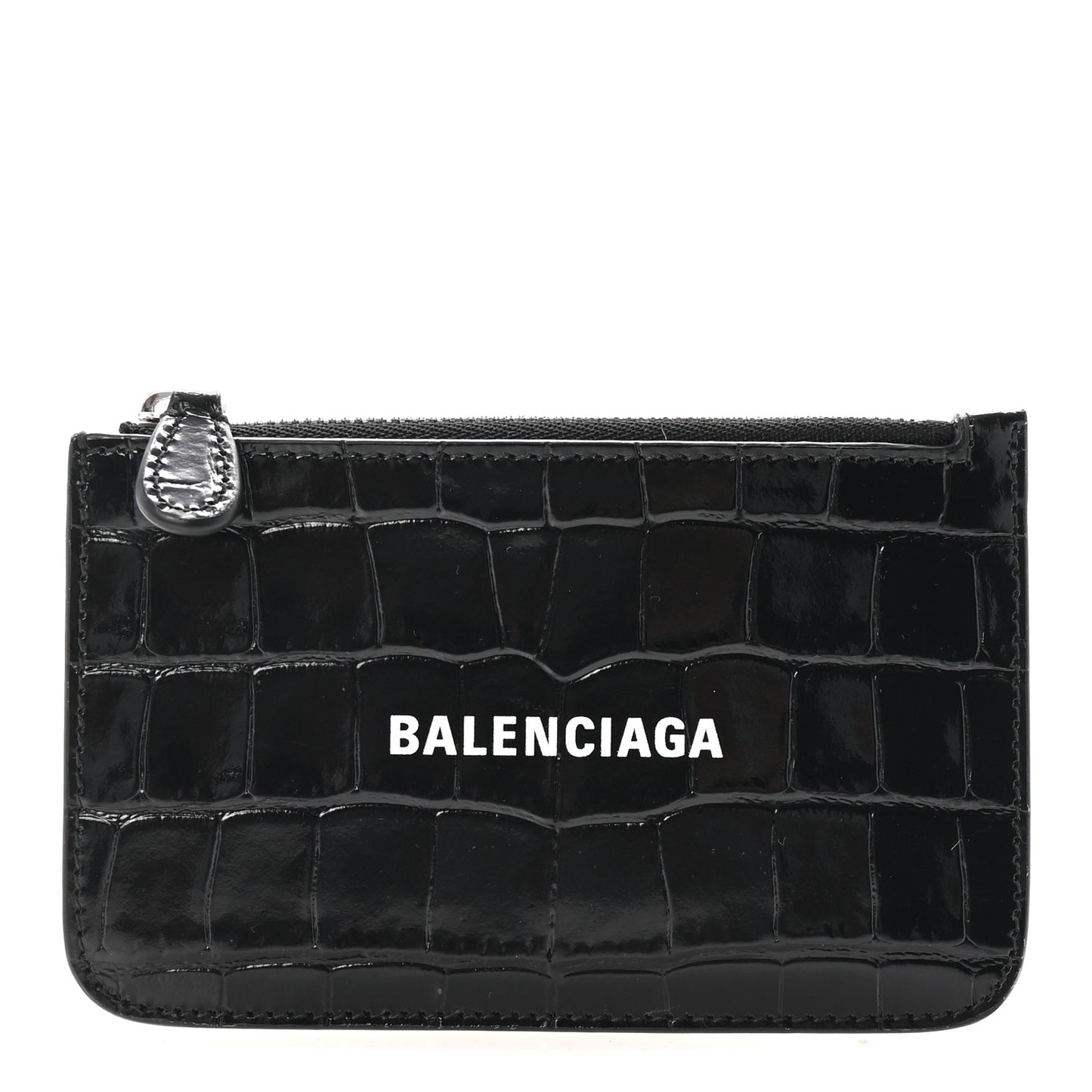 Shiny Calfskin Logo Crocodile Embossed Large Cash Long Coin Card Holder Black