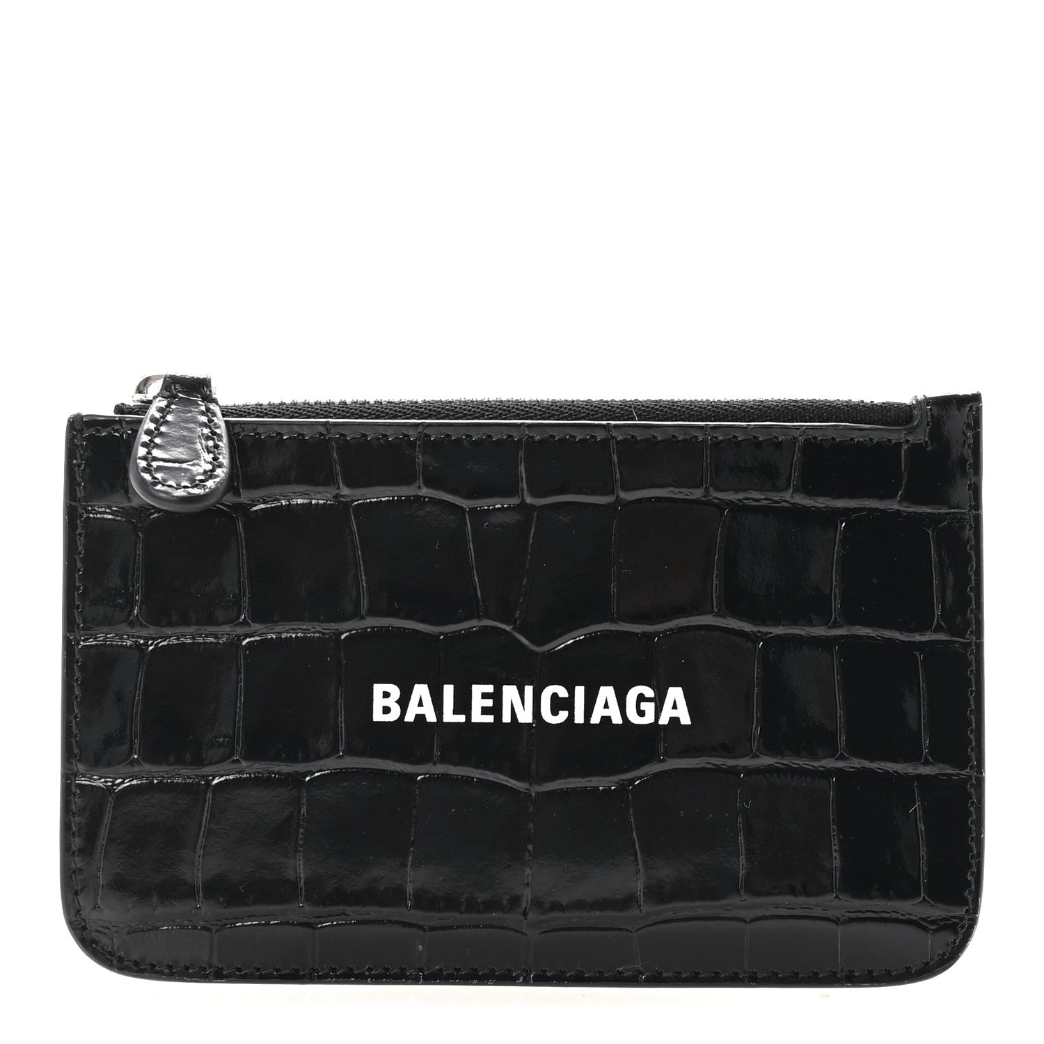 Balenciaga Shiny Calfskin Logo Crocodile Embossed Large Cash Long Coin Card Holder Black 1 of 7