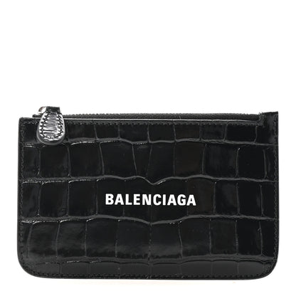 Balenciaga Shiny Calfskin Logo Crocodile Embossed Large Cash Long Coin Card Holder Black 1 of 7