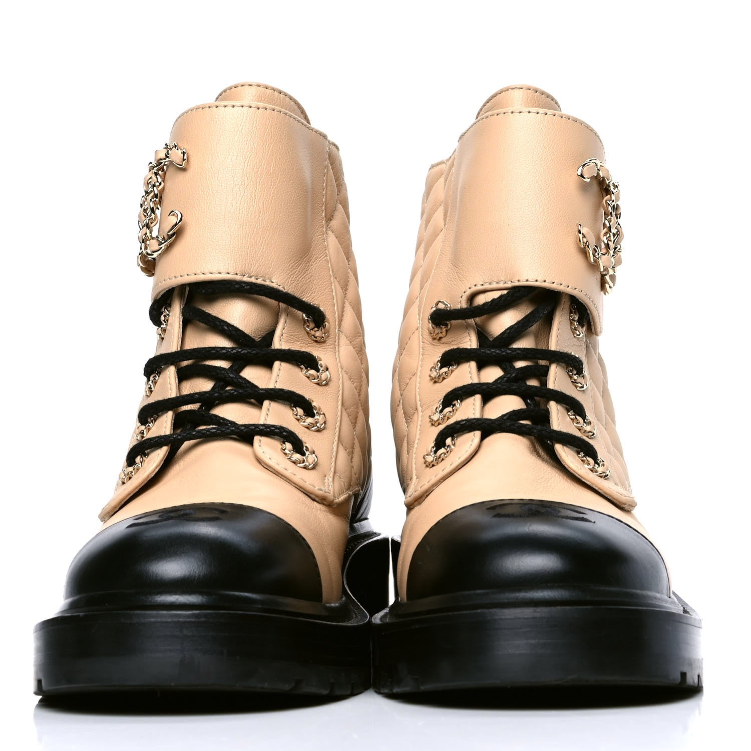 Chanel Lambskin Calfskin Quilted Lace Up Combat Boots 37.5 Beige Black 2 of 6