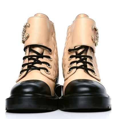 Chanel Lambskin Calfskin Quilted Lace Up Combat Boots 37.5 Beige Black 2 of 6