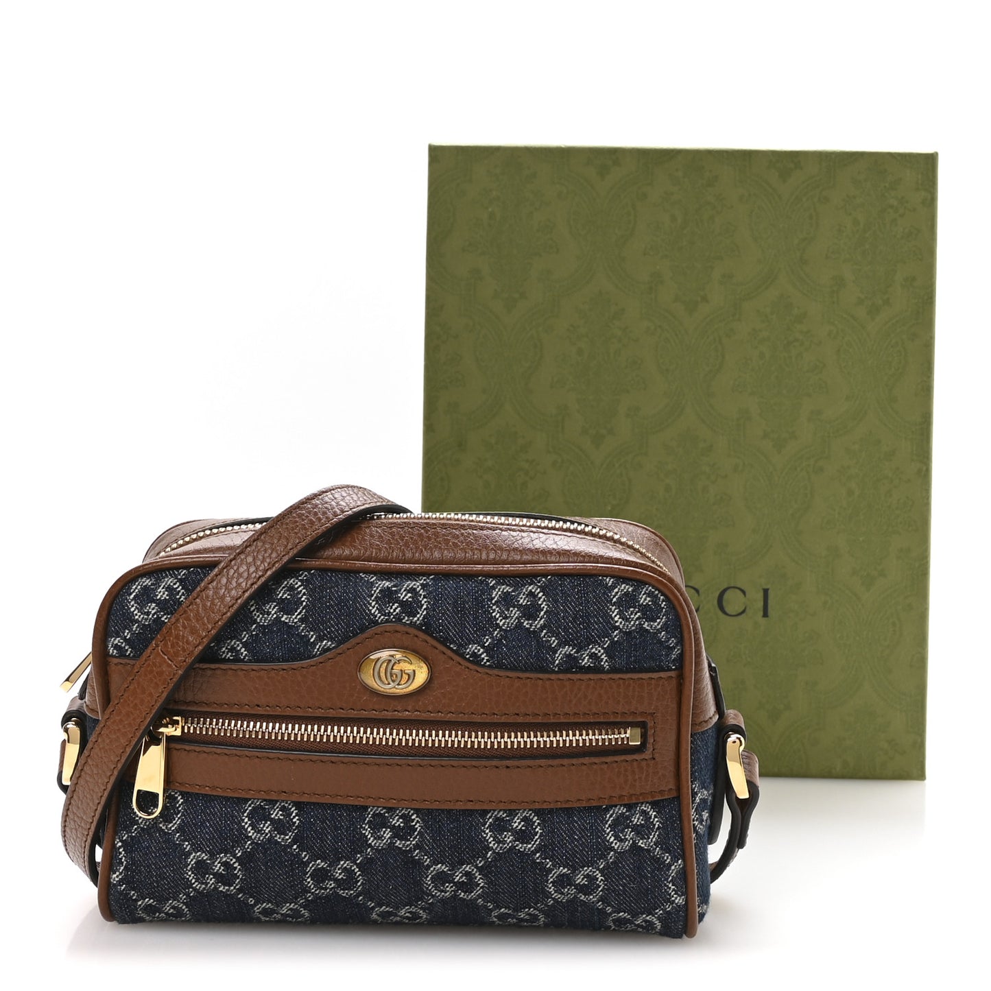New Denim GG Monogram Dollar Calfskin Mini Ophidia Shoulder Bag Blue Tea Cuir Epilog