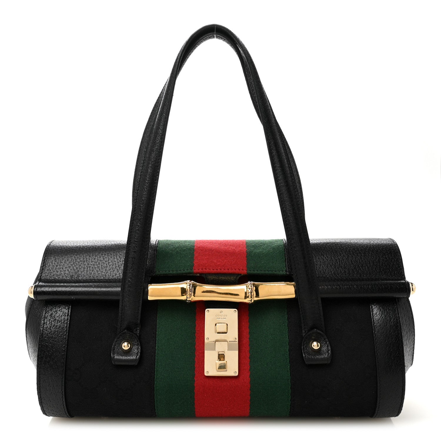 Gucci Calfskin Web Bamboo Bullet Satchel Black 1 of 11