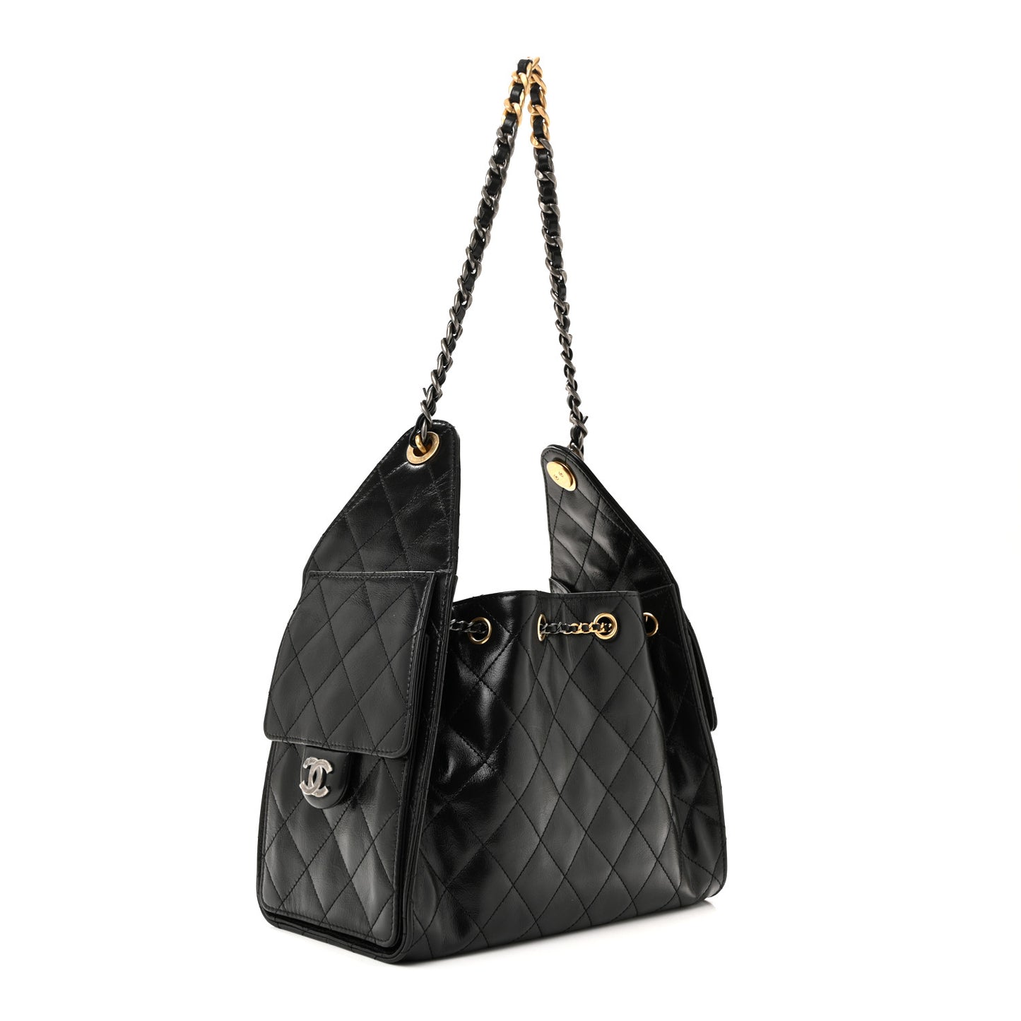 Shiny Crumpled Calfskin Quilted Small Chanel 25 Handbag Black
