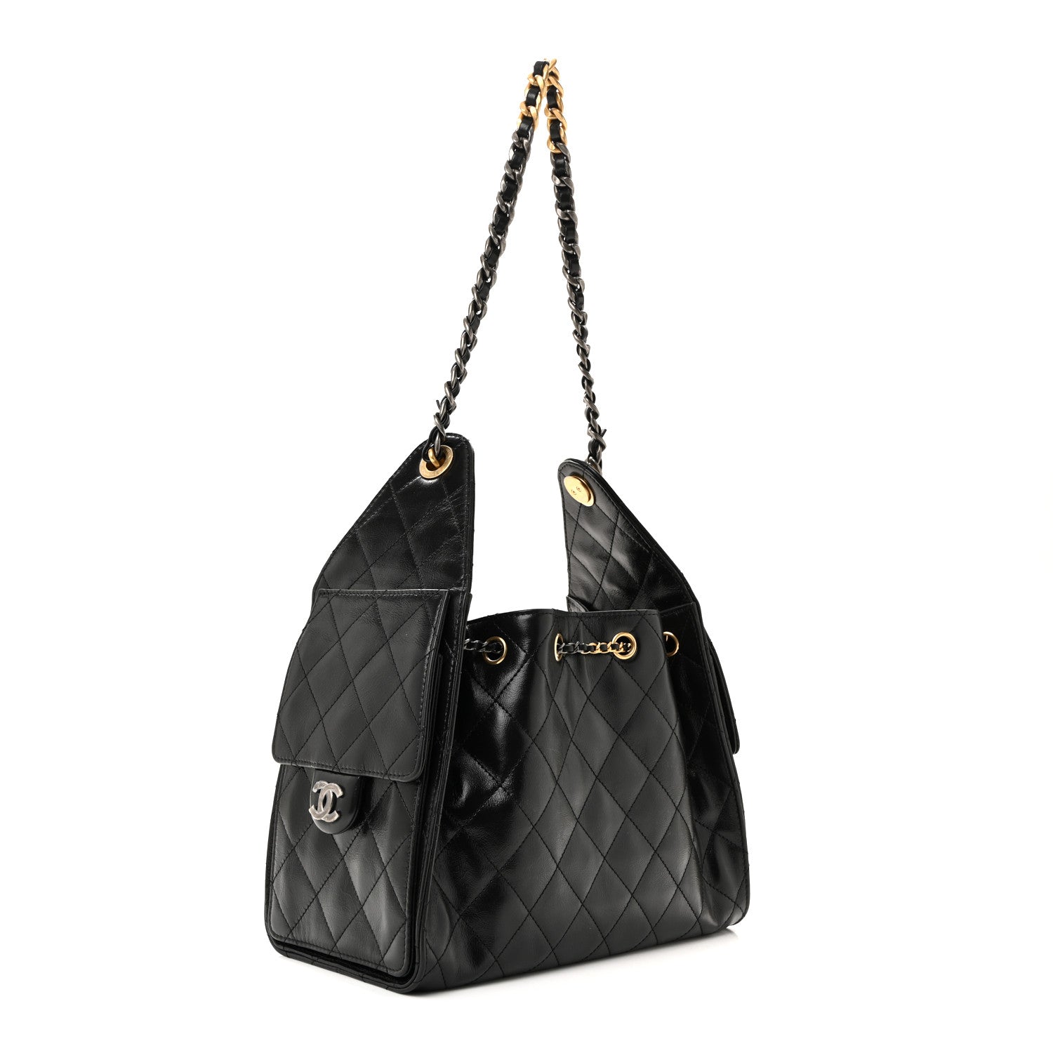 Chanel Shiny Crumpled Calfskin Quilted Small Chanel 25 Handbag Black 3 of 10