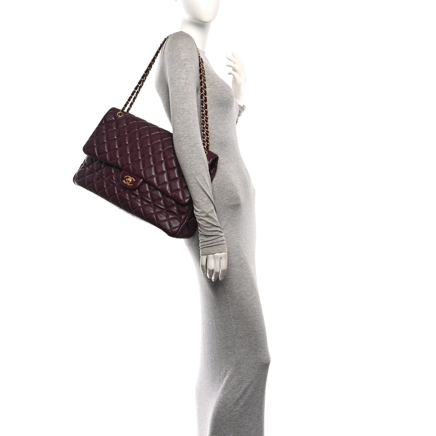 Grained Calfskin Quilted XXL Travel Flap Bag Burgundy