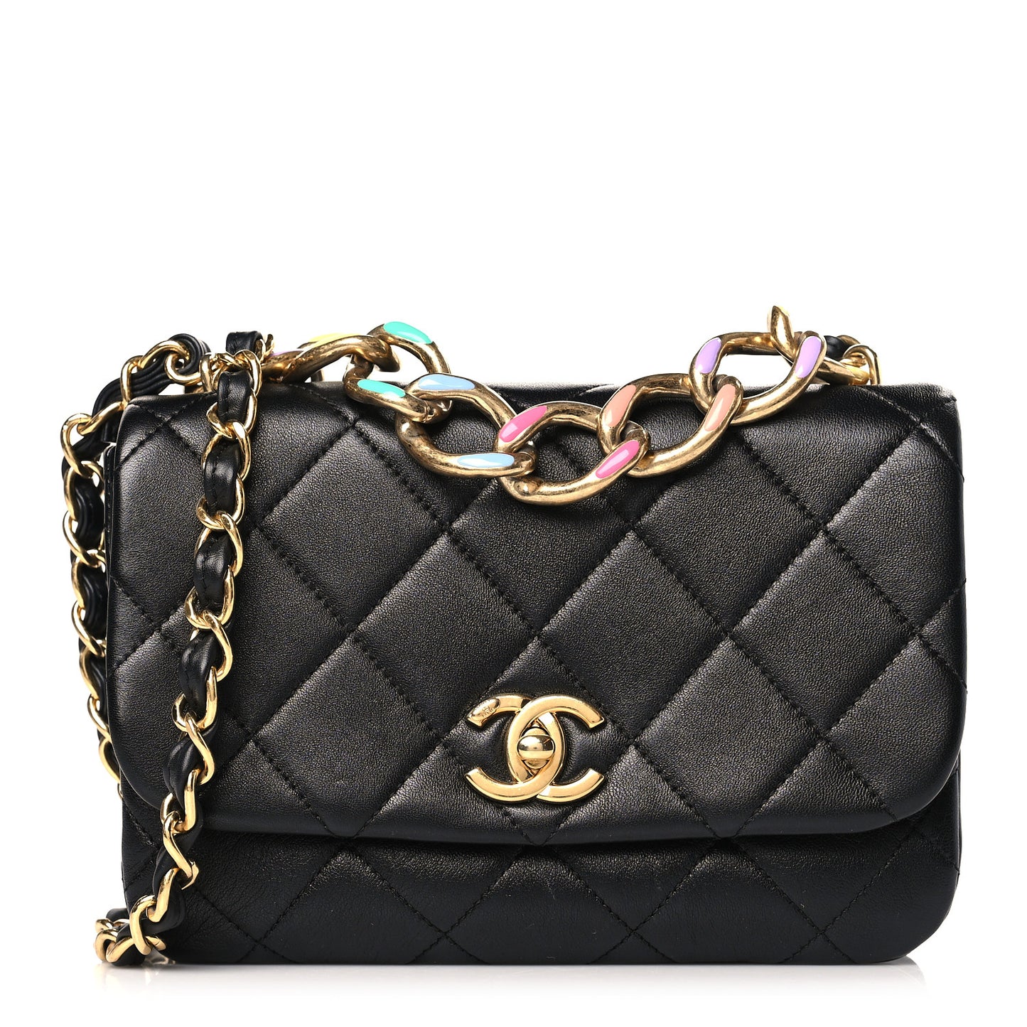 Lambskin Quilted Small Color Match Flap Black Multicolor