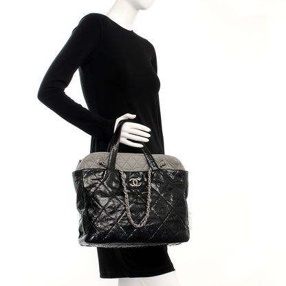 Chanel Glazed Calfskin Lambskin Quilted Portobello Tote Black Grey 3 of 11