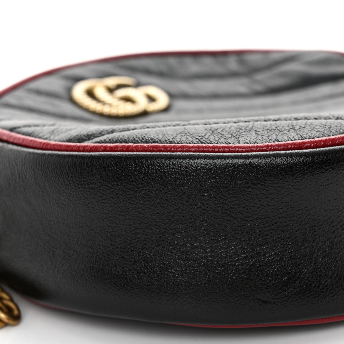 Vintage Effect Calfskin Matelasse Diagonal Mini Torchon GG Marmont Round Shoulder Bag Black Romantic Cherry