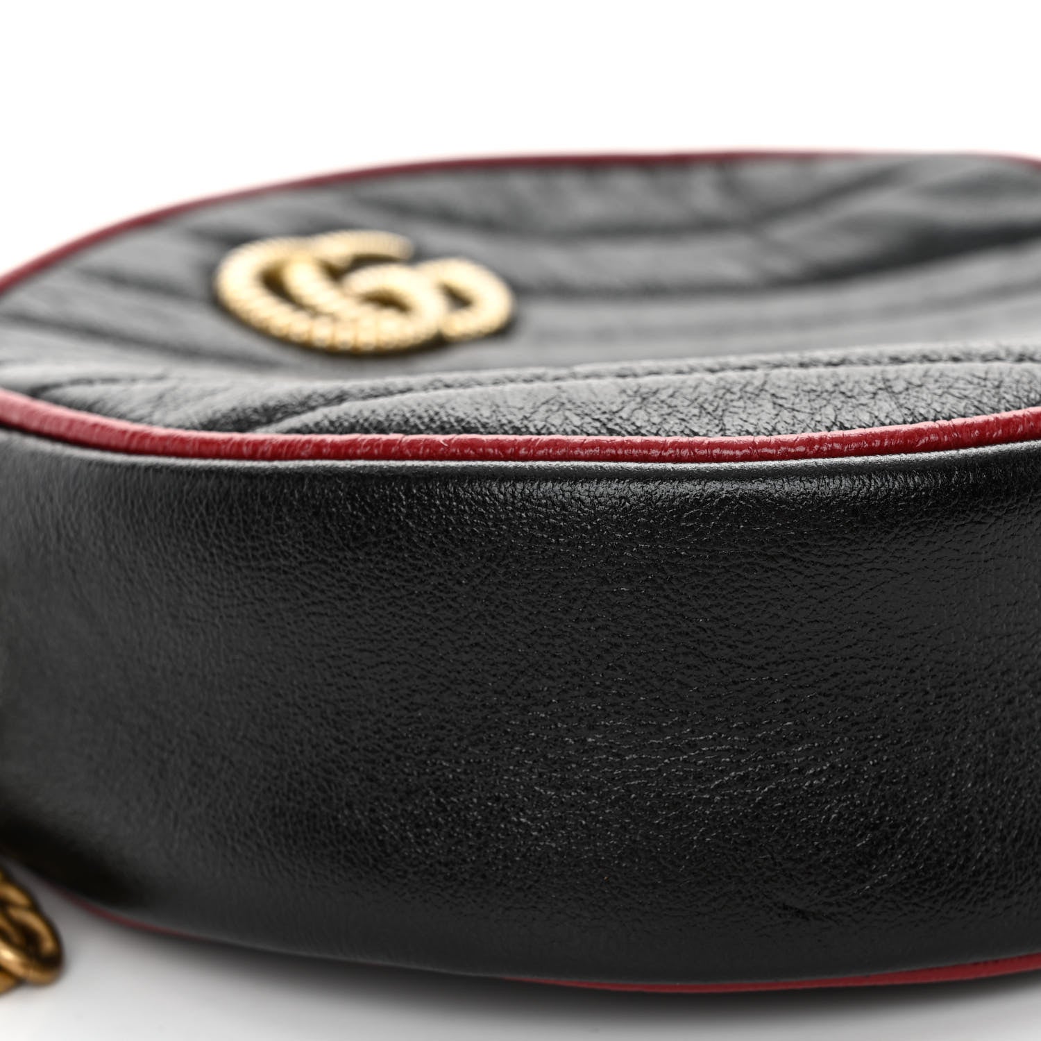 Gucci Vintage Effect Calfskin Matelasse Diagonal Mini Torchon GG Marmont Round Shoulder Bag Black Romantic Cherry 9 of 10