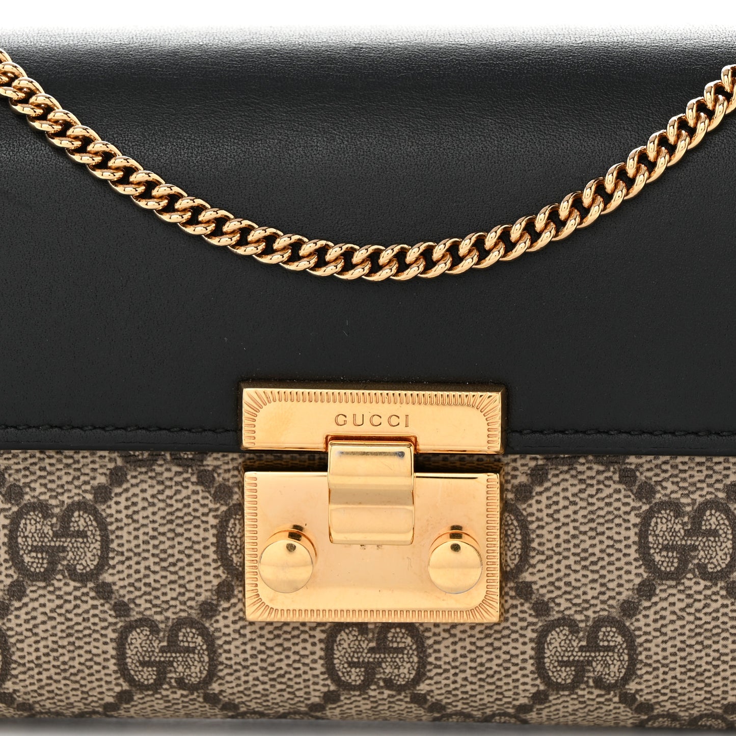 GG Supreme Monogram Moon Calfskin Padlock Continental Chain Wallet Beige Ebony Black