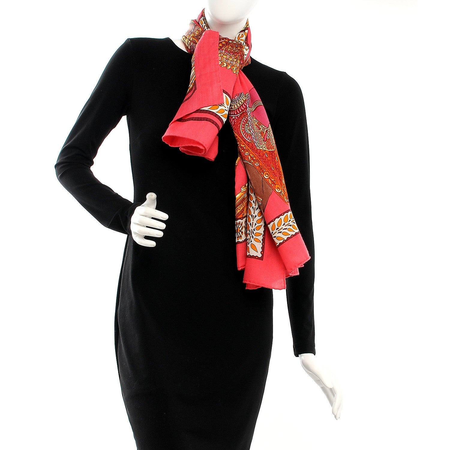 Hermes Cashmere Silk La Danse Du Cheval Marwari Shawl 140 Rose Vif Orange Fuchsia 2 of 5