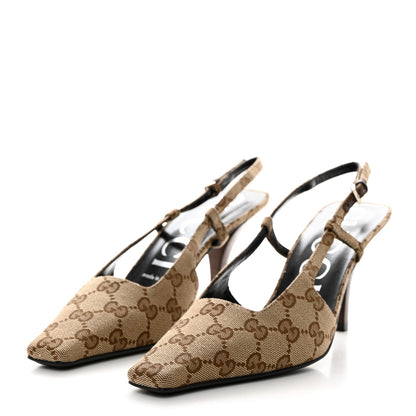 Gucci Monogram Malga Kid Square G 75mm Slingback Pumps 38 Beige Ebony New Acero 3 of 8