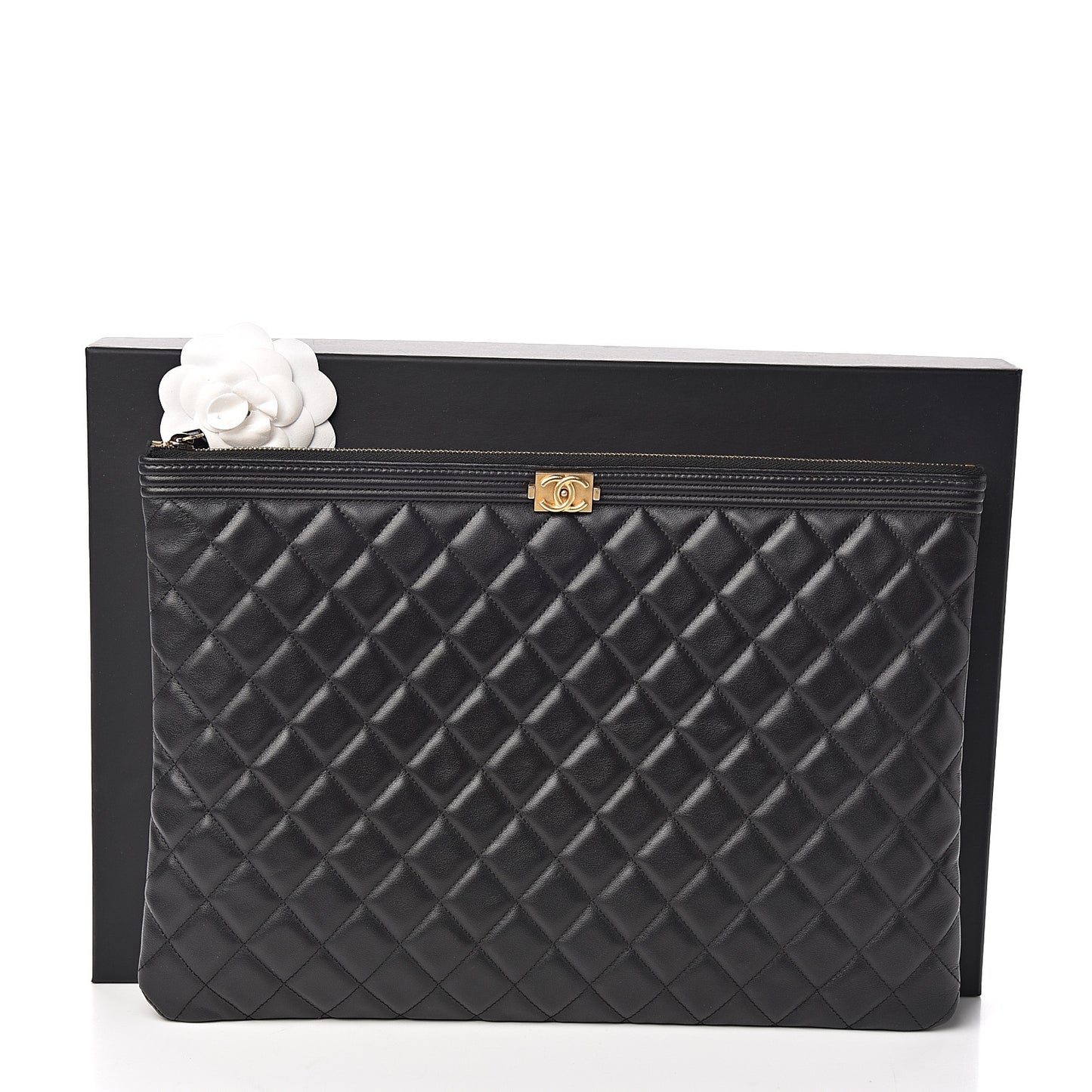 Lambskin Quilted Large Boy Zip Pouch Black