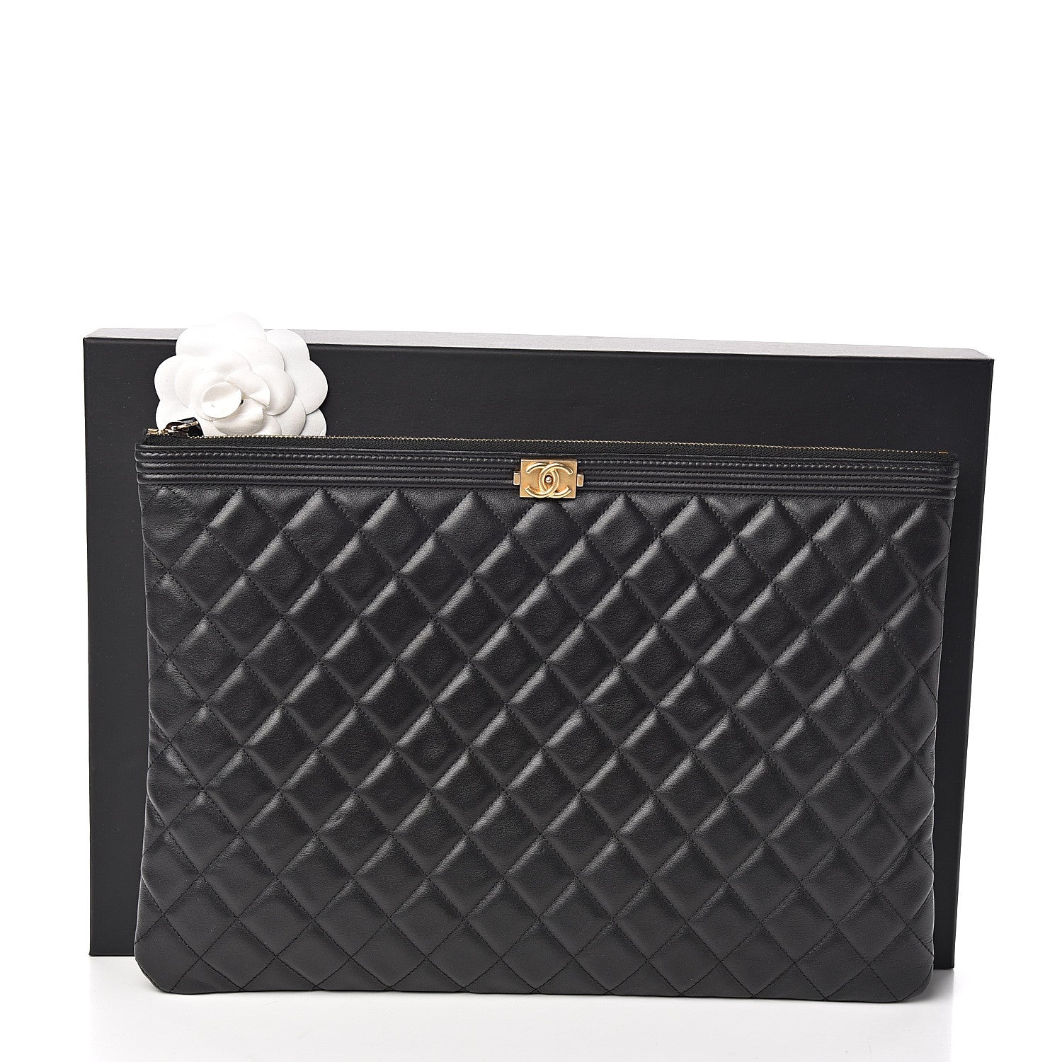 Chanel Lambskin Quilted Large Boy Zip Pouch Black 9 of 9
