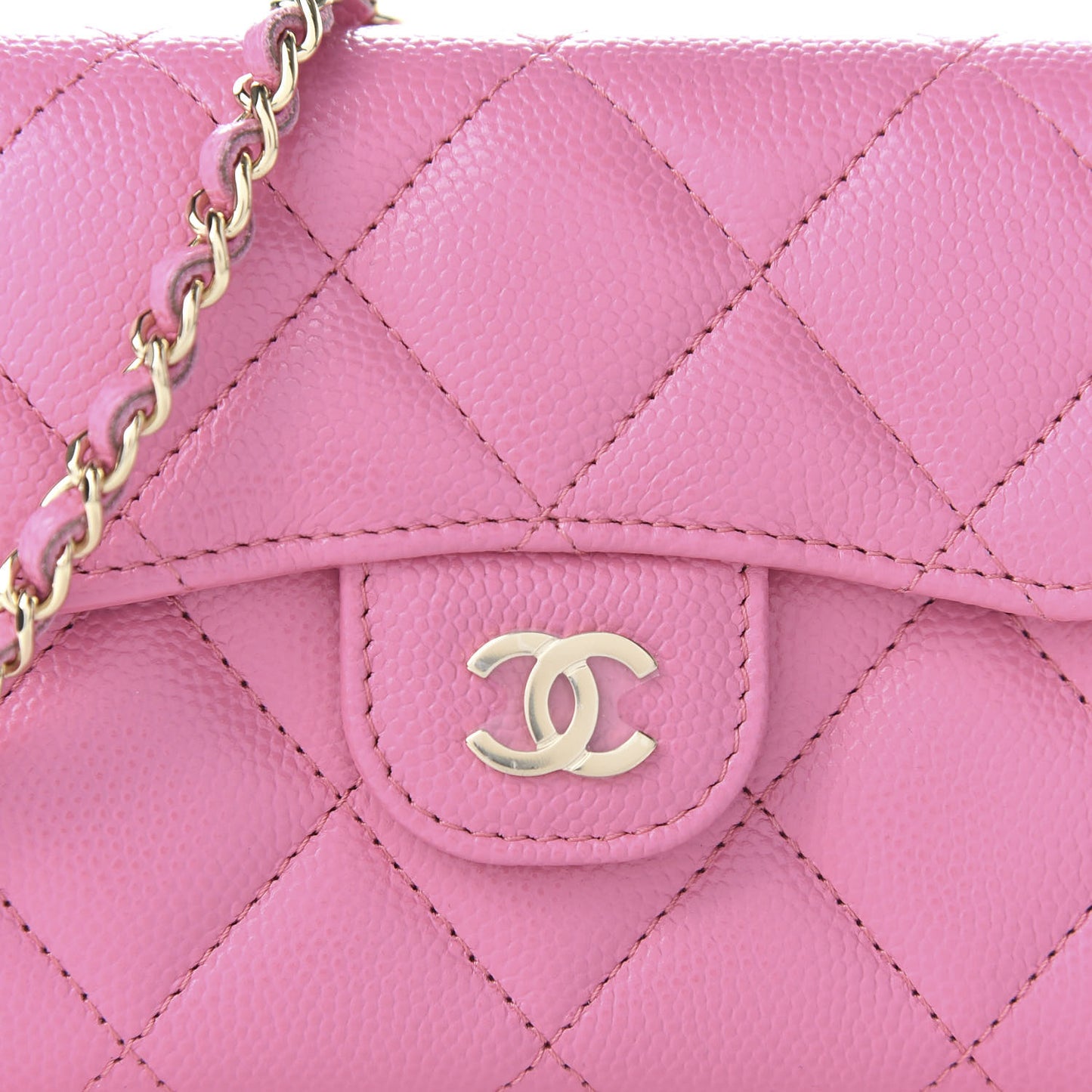 Caviar Quilted Flap Card Holder On Chain Pink
