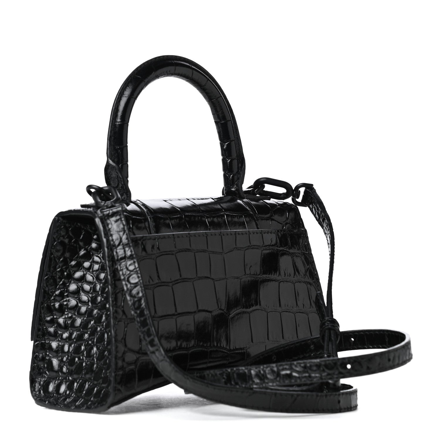 Balenciaga Shiny Calfskin Monochrome Crocodile Embossed Hourglass Top Handle Bag XS Black 2 of 4