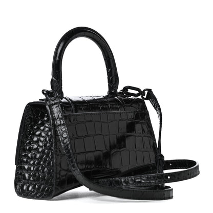 Balenciaga Shiny Calfskin Monochrome Crocodile Embossed Hourglass Top Handle Bag XS Black 2 of 4