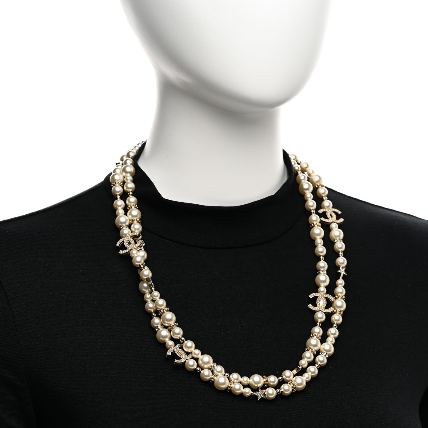 Metal Crystal Pearl CC Star Long Necklace Gold