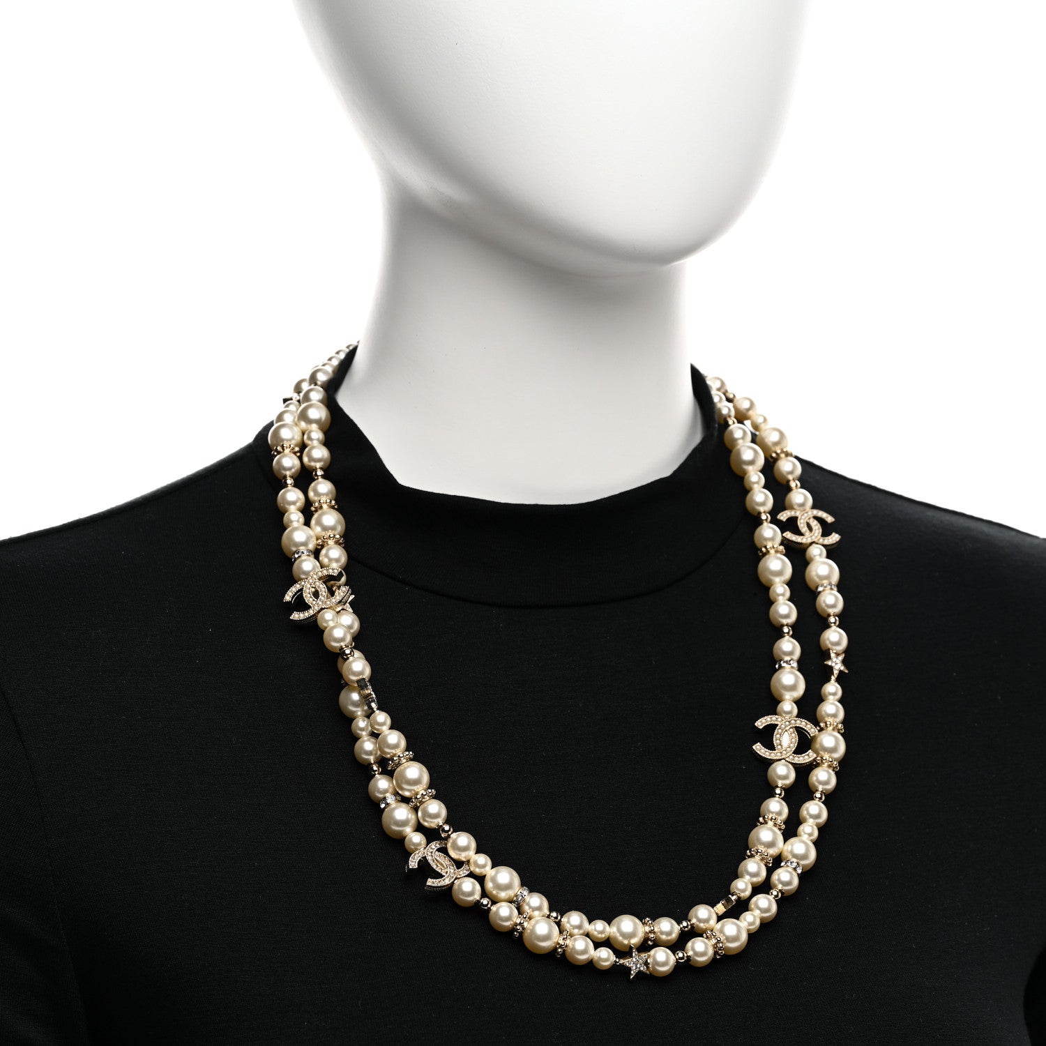Chanel Metal Crystal Pearl CC Star Long Necklace Gold 2 of 6