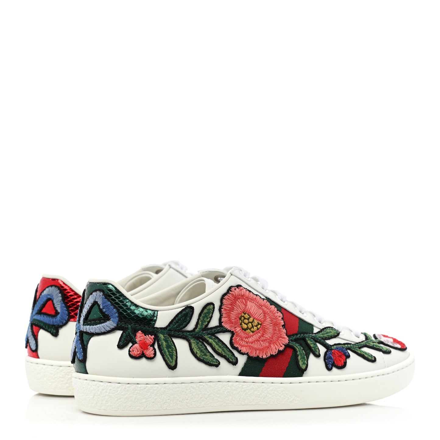 Calfskin Web Floral Embroidered Womens Ace Sneakers 36 White
